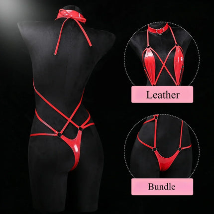 QQ Black Patent Leather Choker Wet Sexy Lingerie Bodysuits Erotic Crotchless Leather Jumpsuit Underwear Costumes Lingerie Set