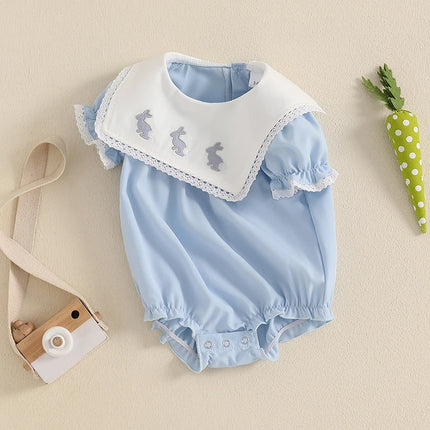 0-18M Newborn Baby Girl Easter Romper Short Sleeve Round Neck Bunny Embroidery Bodysuit Newborn Outfit
