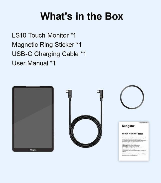 KingMa 10" Live Stream Touch Monitor for iPhone17 16 15 Samsung Rear Camera Vlog Screen Mirroring Kit Reverse Control for TikTok