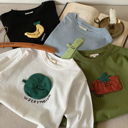 Autumn style children's clothing, Japanese style t-shirt, long sleeved, boys' and girls' three-dimensional patch fabric, fruit b