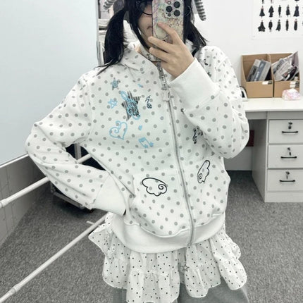 Japanese Sweet Hoodies Long Sleeve Pockets Cartoon Print Polka Dot Loose Sweatshirts Y2k Aesthetics Cute Tops Women's Clothing