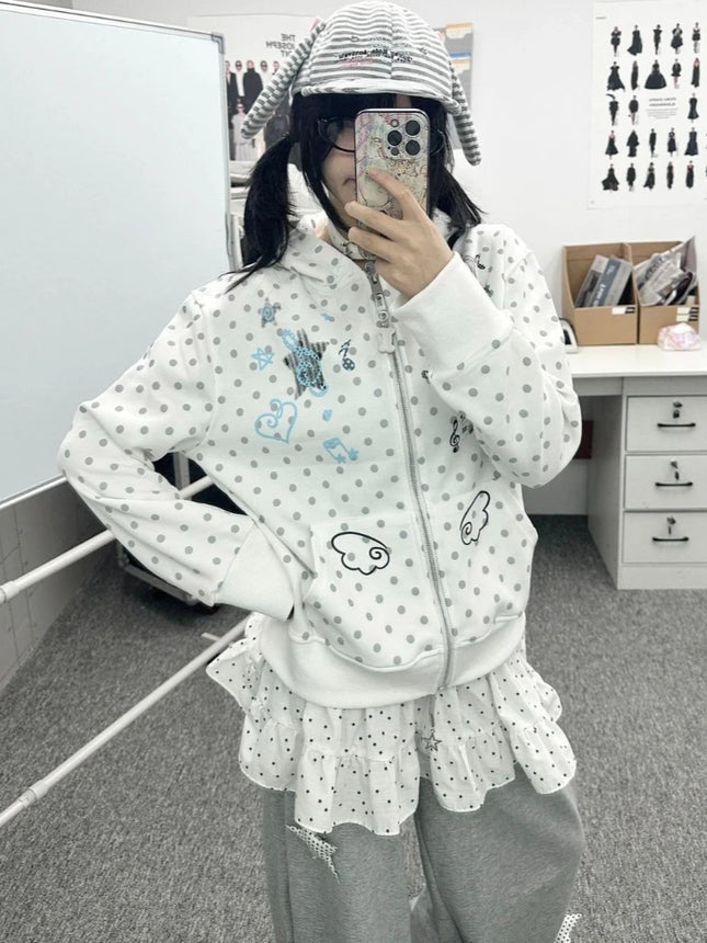 Japanese Sweet Hoodies Long Sleeve Pockets Cartoon Print Polka Dot Loose Sweatshirts Y2k Aesthetics Cute Tops Women's Clothing