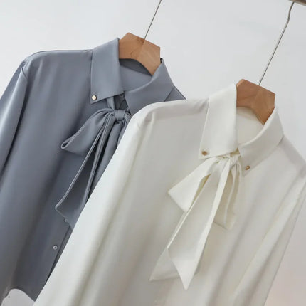 Elegant Long Sleeve Bow Tie Collared Whiteshirt Women's Professional Interview Shirt 2024 New Autumn Collection