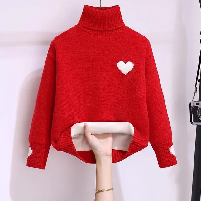 Girls' High Neck Velvet Winter Collection Children's Love Knitted Top Girls' Winter Thick Base Knitted Sweater