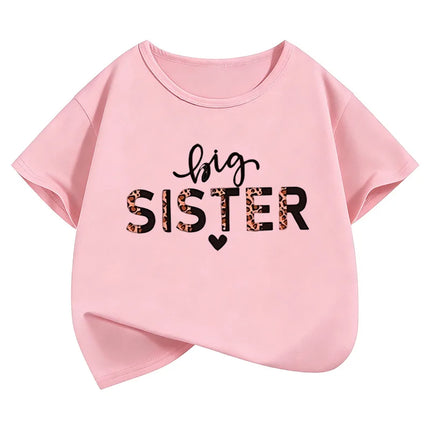 Fashion Big Sister Leopard Print T-Shirts Short Sleeve Kids Children's T-shirt Girls Summer Spring Casual Top Tee Shirt