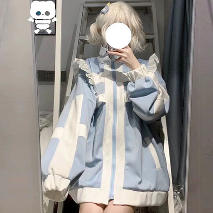 Women clothing Y2K Sweet stitch Subculture Patchwork Hoodies Women's Autumn Winter Ruffled Hoodie with Fleece Loose Zipper shirt