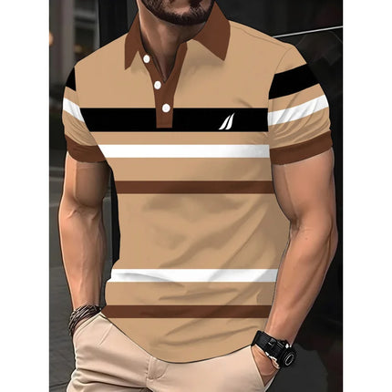 Men's casual striped checkered golf shirt, short-sleeved polo shirt for spring, summer, autumn and winter