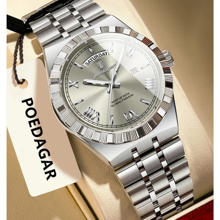 POEDAGAR Luxury Fashion Man Wristwatch Week Date Waterproof Luminous Men's Clock Stainless Steel Quartz Business Watches For Men