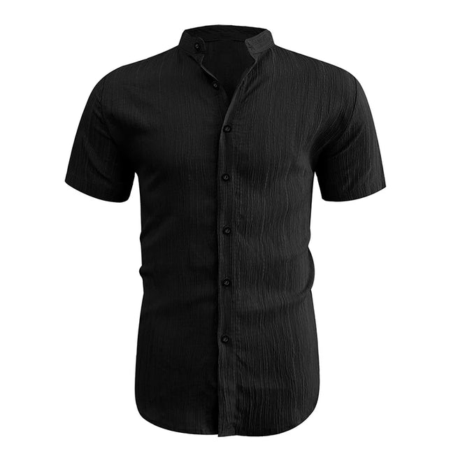 2026 New Men Vertical Wrinkle Textured Mandarin Collar Short Sleeve Button Shirt Loose Fit Summer Beach Travel Daily Casual Top