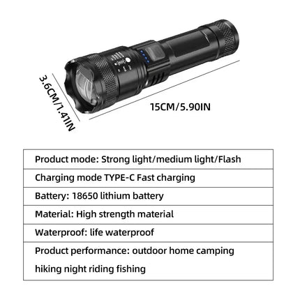 High Strong Power Led Flashlights 2000LM Tactical USB Charging Camping Emergency Fishing Zoom Lantern Torch with Display Light