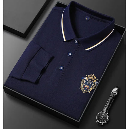 New Men's Long-sleeved Cotton Polo Shirt Fashion Embroidery Casual Bottom Pullover Shirts Tops Men's Clothing