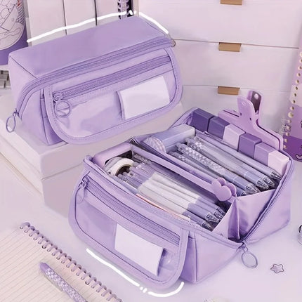Large Capacity Pencil Case Organizer - Multi-Compartment Desktop Storage for School & Office Supplies ( Pink/Purple/Black)