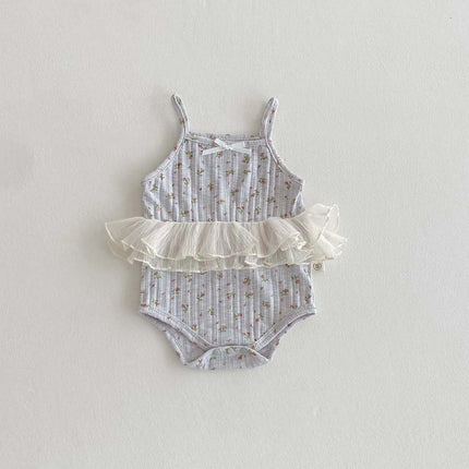 INS Summer Baby Girl Floral Lace Stitching Lace Bow Sling Triangle Jumpsuit for Toddlers and Baby Girls Summer Outdoor Wear