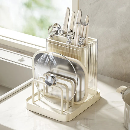 1 Set of Multifunctional Integrated Kitchen Adjustable Plastic Knife Holder, Cutting Board Storage Rack, Pot Lid Holder, Chopsti