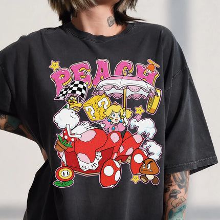 Princess Peach Super Mario Kart T-shirt Men Women Summer Cotton Y2K Clothing Cartoon High Quality Short Sleeved Tee Streetwear