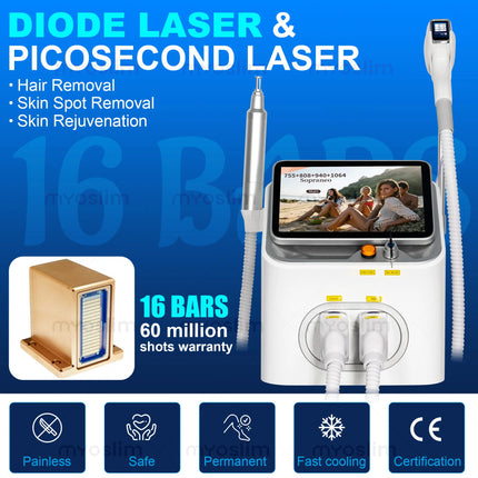NEW Professional FAC 2 IN 1 Diode Laser 5000w Hair Removal Machine Pico Qswitch ND YAG tattoo removal machine 4 Waves 808NM