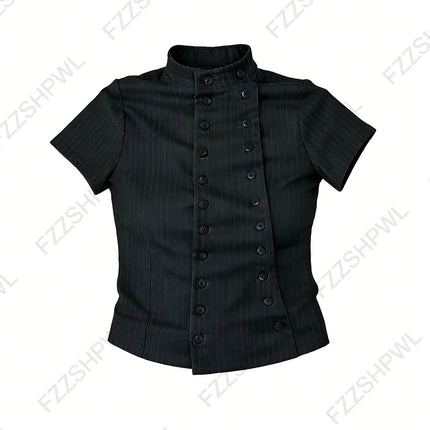 Gothic Harajuku Y2K Women's Crop Top Casual Slim Fit Striped Lace Bow Button Design Short Sleeve T-Shirt Chic Trendy Streetwear