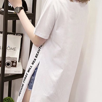 WONDERFUL DAY Print Long T shirts Summer Women Loose Slit Femme Tops  Tshirt Short sleeve Ladies t-shirt