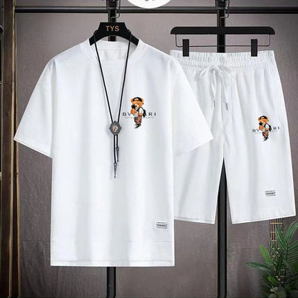 Men's Summer Casual Fashion Printed Loose Round-Neck Short-Sleeve T-Shirt Top and Shorts Set Comfortable Sportswear