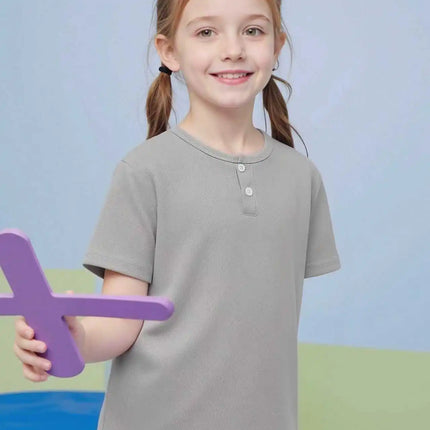 Summer children's solid color fashionable short sleeved button fashion Henry shirt boys and girls casual T-shirt versatile top