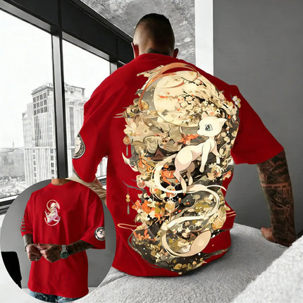 Pokemon   Anime Mew Printed Cotton T-shirt Summer Men's and Women's Loose Casual Street Hip-hop Versatile Short Sleeved Top