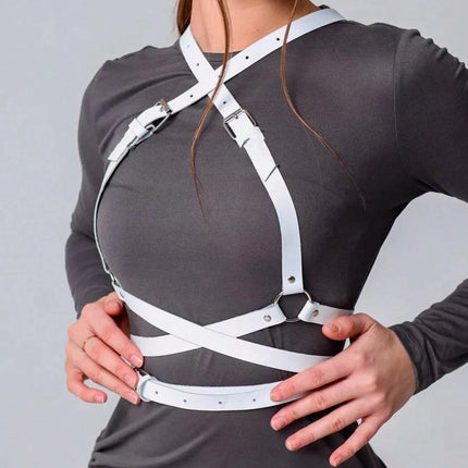 Women Trendy Leather Harness White Goth Underwear Suspenders Bondage Chest Harness Garter Belt Fetish Clothing Adjustable Strap