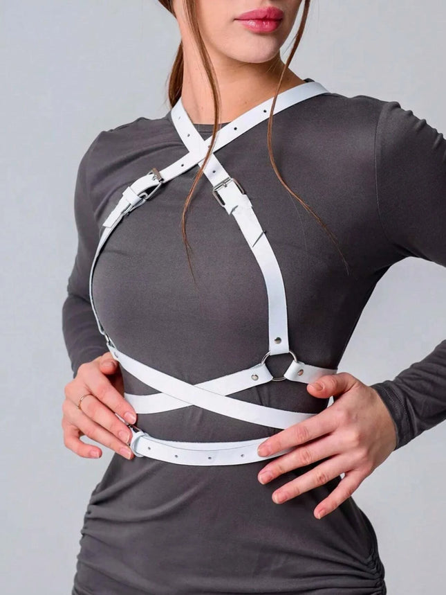 Women Trendy Leather Harness White Goth Underwear Suspenders Bondage Chest Harness Garter Belt Fetish Clothing Adjustable Strap