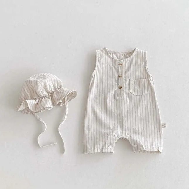 Korean Style Newborn Bodysuit Striped Sleeveless Baby Romper with Hat Two Piece 0-24 Months Infant Onesie