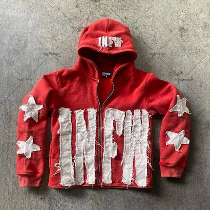 star pattern patchwork sweater letters long-sleeved pullover hoodie loose and fashionable trendy original street style vintage
