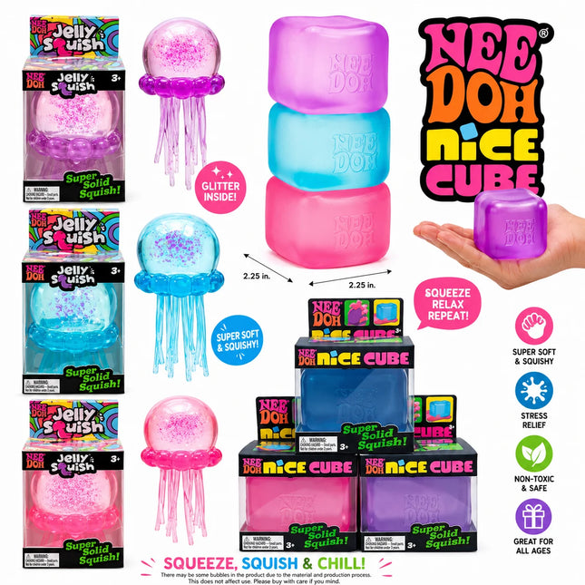 NeeDoh Jellyfish & Cube Squish Stress Relief Sensory Toy, Soft Gel Squeeze Toy for Kids and Adults