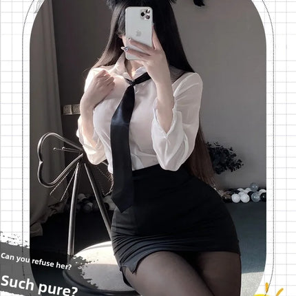 Sexy Pure Desire Summer Top Skirt Set Secretary Style OL Career White Shirt Women's Slim Fit Casual Fashion V-neck Polyester