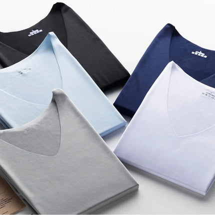 Summer Seamless Breathable Ice Silk T-Shirt Fashion Vest Men's Sports Short Sleeve T-shirt Ice Silk Solid Color V-neck Tees