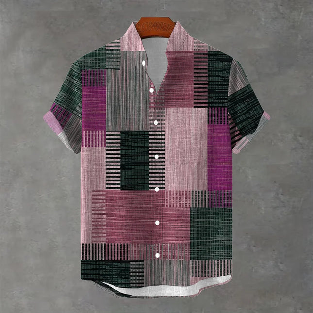 Men's short-sleeved shirt, vintage style with patchwork and 3D print, casual, comfortable, and stylish men's stand-collar top.