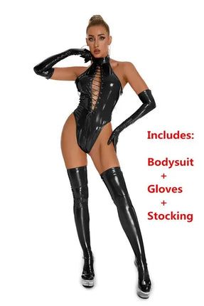 Womens Latex Catsuit Wet Look Lace-Up Body PVC Teddy Fetish Bodysuit Exotic Parties Night Club Wear Pole Dancing Full Set