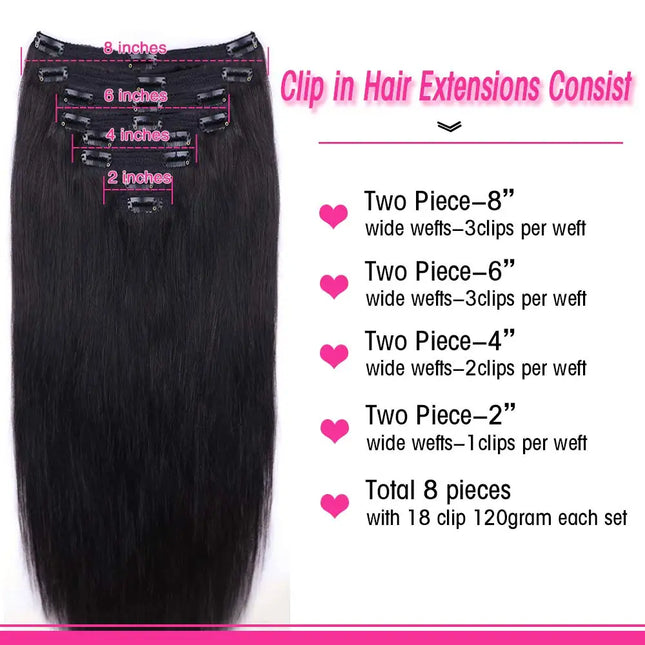 Straight Clip-In Extensions, Human Hair, Brazilian Clip-In, Natural Black Color, Remy Hair for Women, 120g Clip-In Extensions