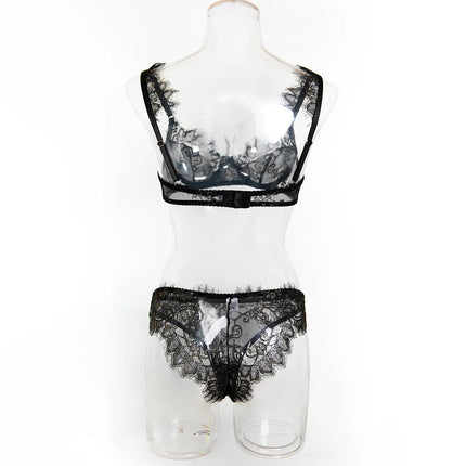 Women's French Style Lace Sexy Lingerie Set Push up Underwire Bra High Cut Briefs 2 Pieces Sexy Sheer Intimate Erotic Underwear