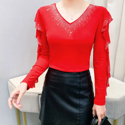 2025 Autumn New Style Mesh Tops Korean Fashion Round Neck Ruffles Shirt Lotus Leaf Edge Hot Diamond Long Sleeve Women T Shirt
