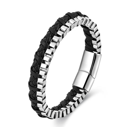 Classic Stainless Steel Leather Bracelet For Mens Chain Wristband Business Charm Jewelry Accessories for Dad Boyfriend
