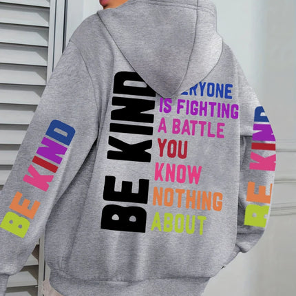 Be Kind Hoodies Women Letter Prints Winter Fleece Warm Hooded Street Pocket Loose Sweatshirts Casual All-match Woman Clothes