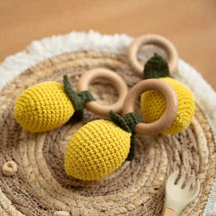Handmade Crochet Fruit Rattle Toy for Babies Boys Girls Gifts Wood Ring Cherry Rattles Infant Teether for Newborn Music Toys
