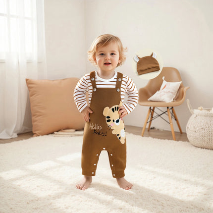 Pudcoco Baby Boy's Clothing Sets Fashionable Long Sleeve Striped Romper with Tiger Embroidered Overalls and Hat 3Pcs Outfits