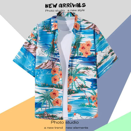 New Summer Casual Short Sleeved Shirt Korean Version Fashionable Men's And Women's Loose Collar Hawaiian Seaside Flower Shirt
