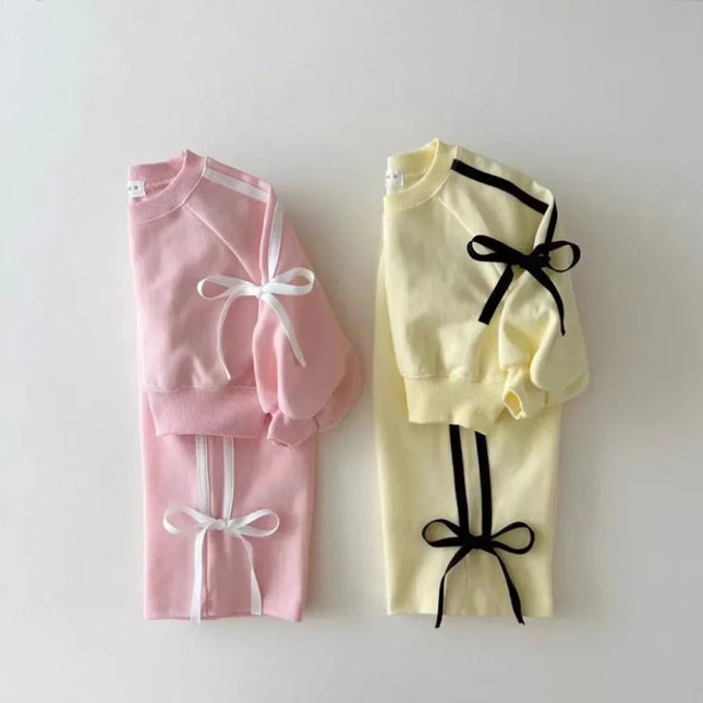 4295  Baby Clothing Set Spring Autumn Korean Sports Girl's Suit Bow Bar Splicing Sweater +Pant Two-piece Suit.