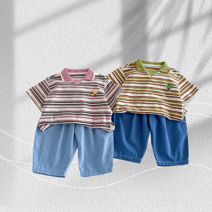 2026 Summer 6M-5Y Childrens Clothes Stripe Contracting Color Korean Style Girls Shirt Cartoon Embroidery Polo Shirt for Girls