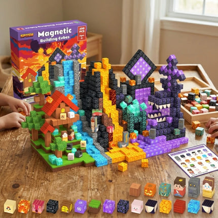 FUNXINEE NEW Magnetic Building Blocks, Forest Volcano Lava Game Scene, 3D STEM Construction Toy, Gift Box Educational Bricks