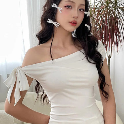 2024 Women's Summer Ins Style New Shrink Pleated One-Shoulder Crop Top Backless Twist Tie Asymmetric T-Shirt Casual Top