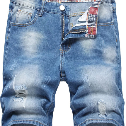 Men's denim shorts with summer frayed elastic men's casual pants slim-fit European-style shorts tight and worn-out men's pants