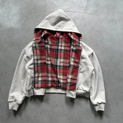 Winter Casual Plaid Print Hoodie Women's Warm Zip-Up Double-Sided Wear Sweatshirt Female Fashion Trendy Loose Hooded