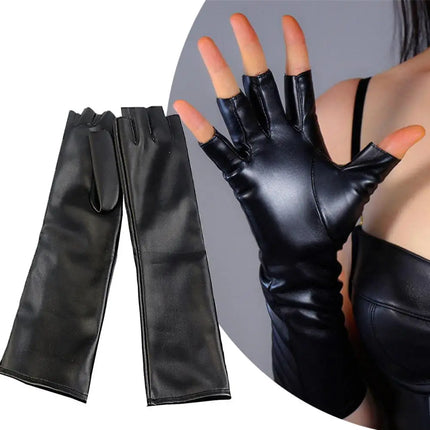 Sexy Black PU Leather Long Gloves Ladies Hip-pop Leather Half Finger Gloves Clubwear Punk Style Cosplay Costumes Dance mittens