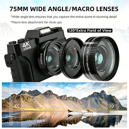 4K Digital Camera for Photography 16X Digital Zoom Vlogging Camera for YouTube 64MP WiFi Auto Focus Video Camera 3" Flip Screen